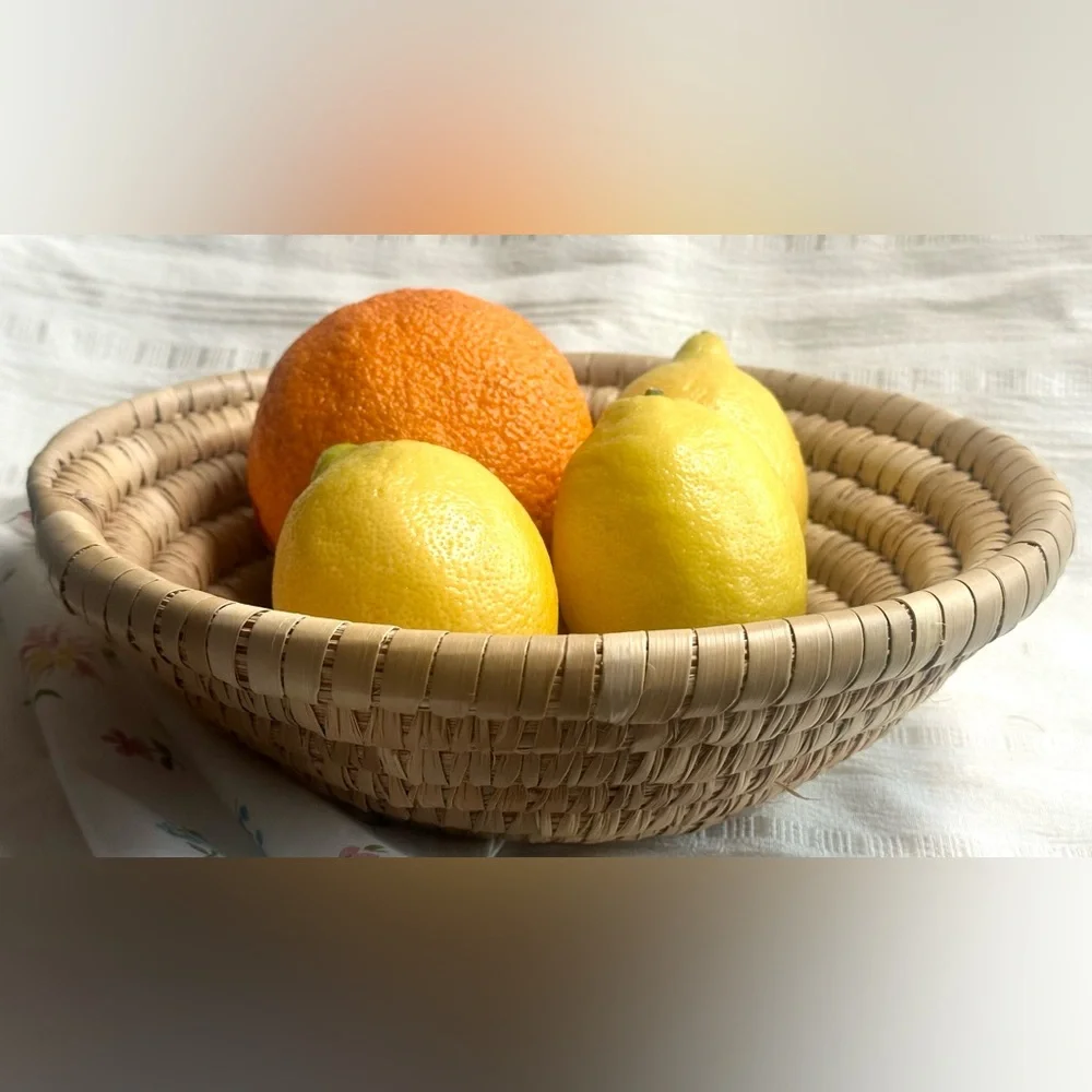 Vintage Bahamas Handwoven Straw Basket Bowl Boho Tropical Decor